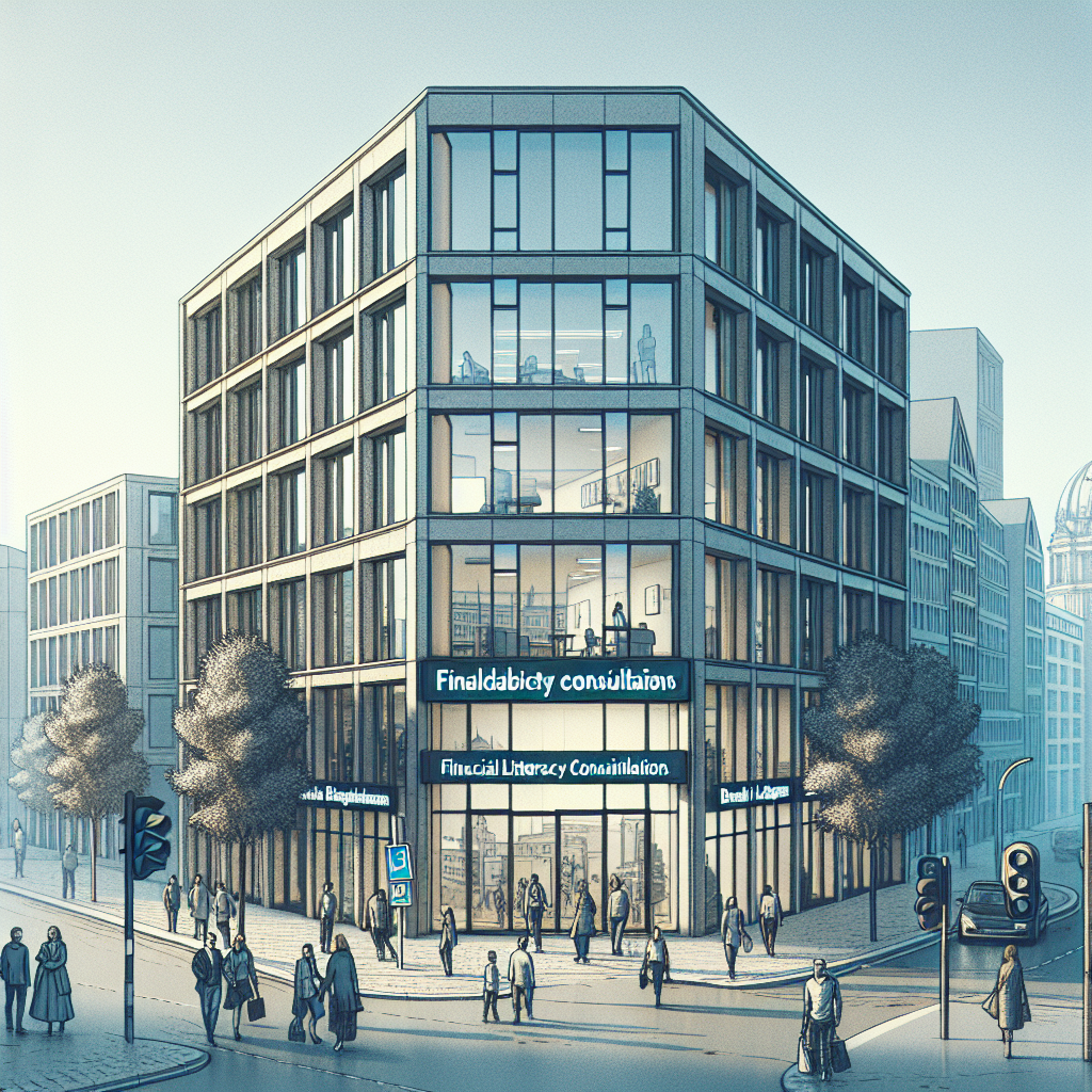 Street-level exterior view of Berlin office building with glass facade signage and pedestrians indicating accessible location for financial literacy consultations.