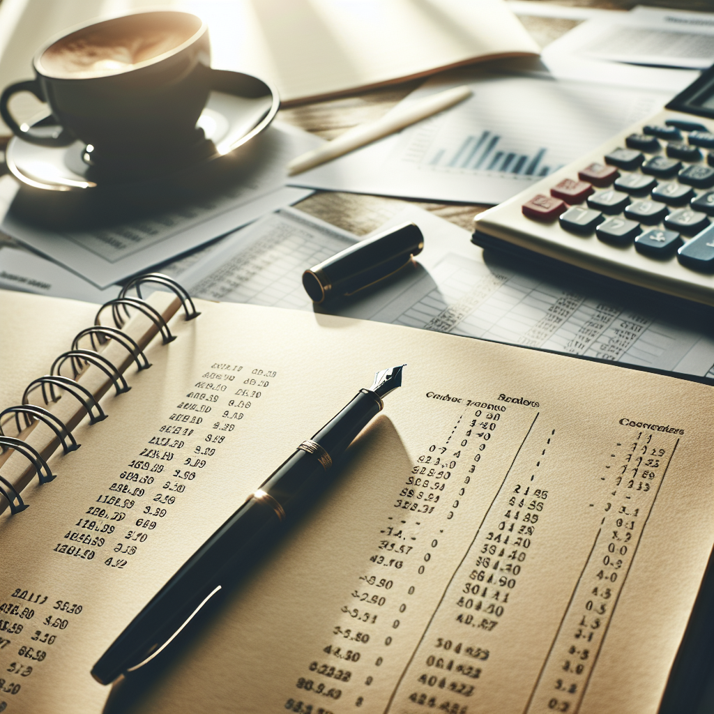 Close-up of a tidy desk with open notebook spreadsheet printouts fountain pen and cup of coffee representing careful household finance planning efforts in daylight.