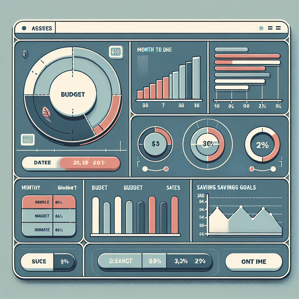 Screenshot-style graphic depicting monthly budget allocation pie chart alongside timeline for savings goals on a clean digital dashboard with muted business colors.