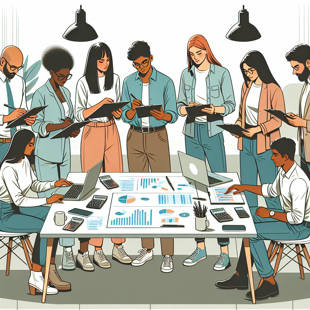 Illustration of diverse young professionals reviewing budgeting charts around a table in a modern co-working space with laptops calculators and notes for financial planning.