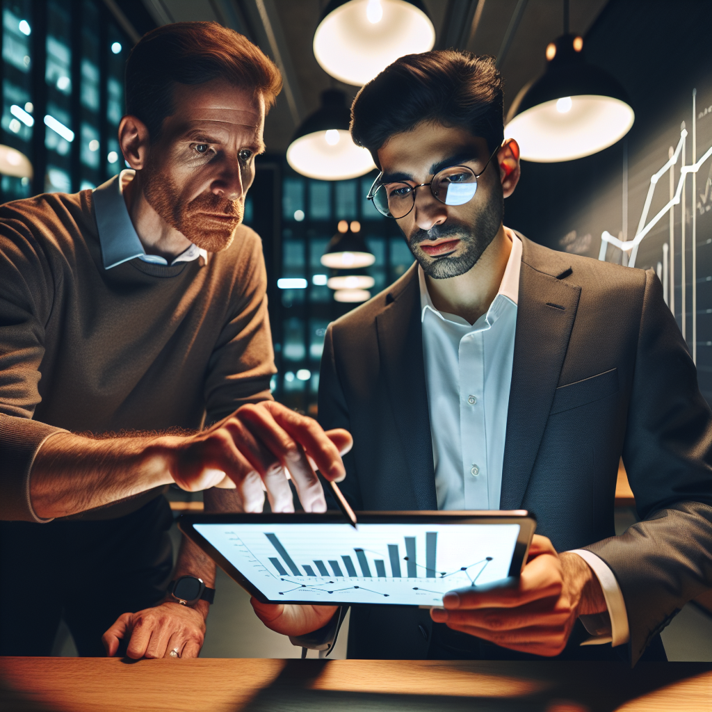 Professional mentor guiding an individual through financial statements on a tablet while pointing at growth indicators during a coaching session inside a Berlin office.