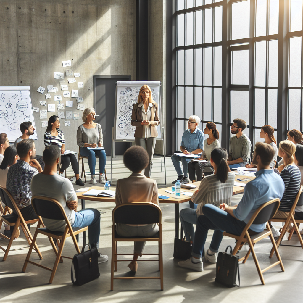 Group of adult learners listening to a facilitator in a workshop room with large windows flipcharts and collaborative seating for personal finance education.